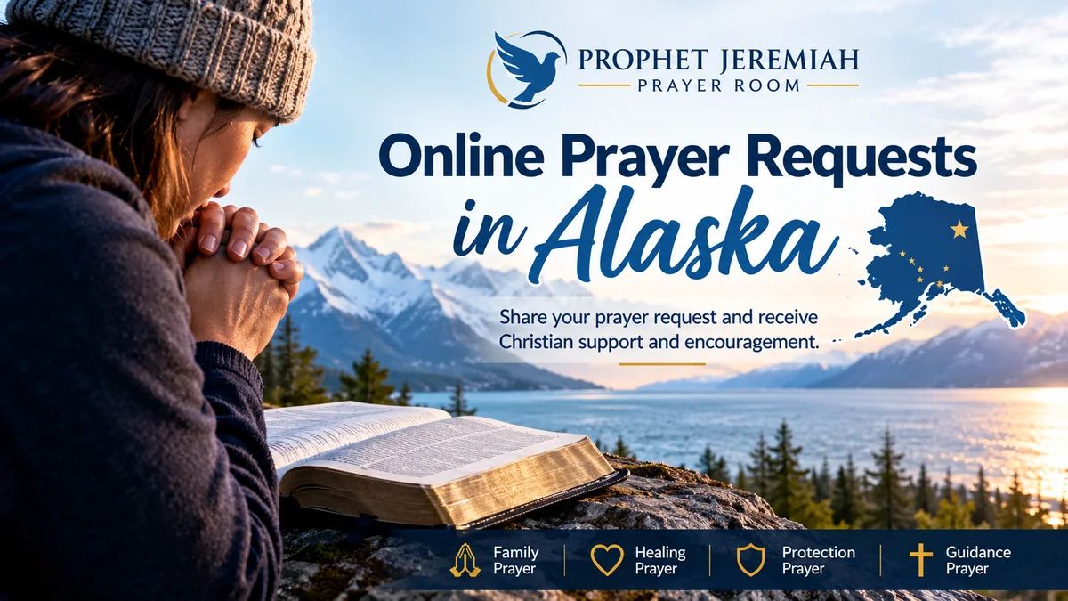 Person praying beside an open Bible with Prophet Jeremiah Prayer Room branding for Alaska