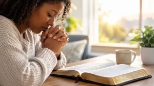 Person praying beside an open Bible for Christian prayer and spiritual encouragement