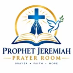 Prophet Jeremiah Prayer Room logo featuring a cross, praying hands, an open Bible and a dove