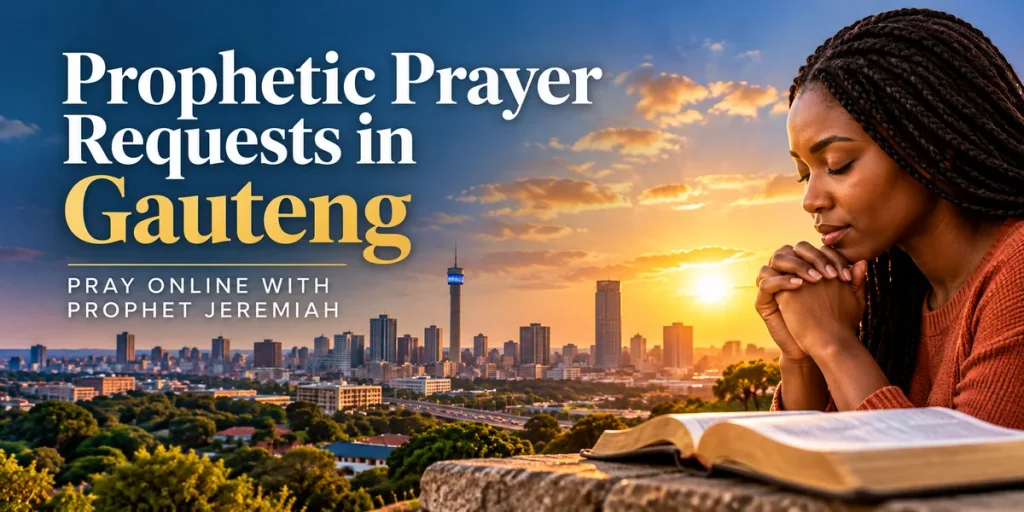 Woman praying beside an open Bible overlooking Johannesburg, Gauteng, representing online prophetic prayer requests