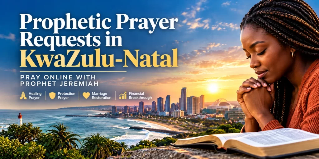 Woman praying beside an open Bible overlooking the Durban coastline at sunrise