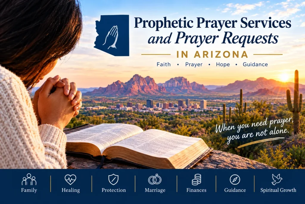 Person praying beside an open Bible overlooking an Arizona desert landscape at sunrise