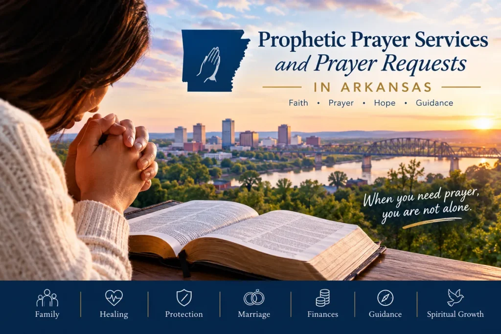 Person praying beside an open Bible with Arkansas prayer services branding
